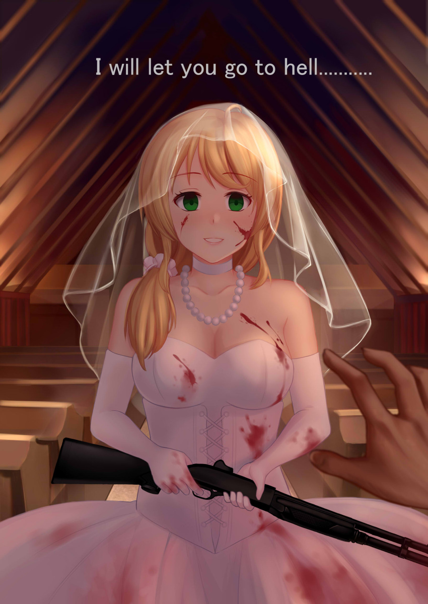 1girl absurdres artist_request bare_shoulders bench blank_eyes blonde_hair blood blood_on_face bloody_clothes bloody_dress blush breasts bride choker church church_interior cleavage collarbone cross-laced_clothes dress elbow_gloves ellen_baker empty_eyes eyebrows eyebrows_visible_through_hair gloves green_eyes gun highres holding holding_gun holding_weapon jewelry large_breasts looking_at_viewer md5_mismatch necklace new_horizon pearl_necklace pov pov_hands see-through shotgun solo strapless strapless_dress text veil weapon wedding_dress white_gloves yandere