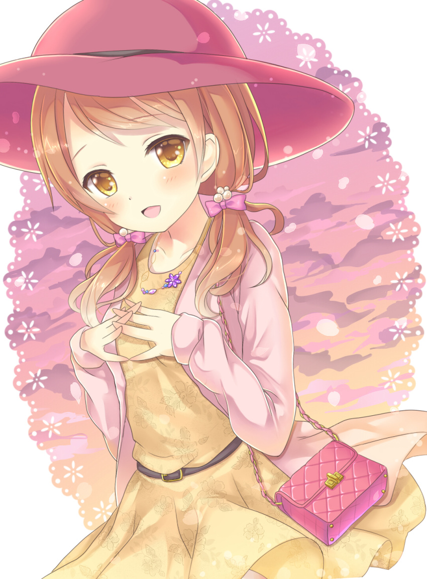 1girl bag brown_dress brown_eyes brown_hair dress floral_print hair_ornament handbag harukaruha hat highres houjou_karen idolmaster idolmaster_cinderella_girls interlocked_fingers jacket jewelry long_hair long_sleeves low_twintails necklace open_clothes open_jacket open_mouth pendant smile solo twintails