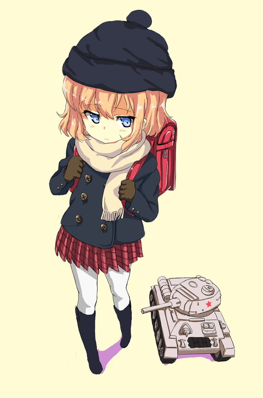 1girl bag beanie black_boots black_coat black_hat blonde_hair blue_eyes boots brown_gloves buttons cannon double-breasted full_body girls_und_panzer gloves hairband hat highres katyusha knee_boots long_sleeves looking_to_the_side military military_vehicle miniature nanai over_shoulder pantyhose plaid plaid_skirt pleated_skirt red_skirt scarf school_bag short_hair simple_background skirt solo star tank turret vehicle white_legwear white_scarf yellow_background