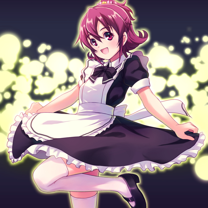 1girl :d aida_mana alternate_costume dokidoki!_precure enmaided highres looking_at_viewer maid open_mouth pink_eyes pink_hair precure sayousuke short_hair skirt smile solo thigh-highs white_legwear