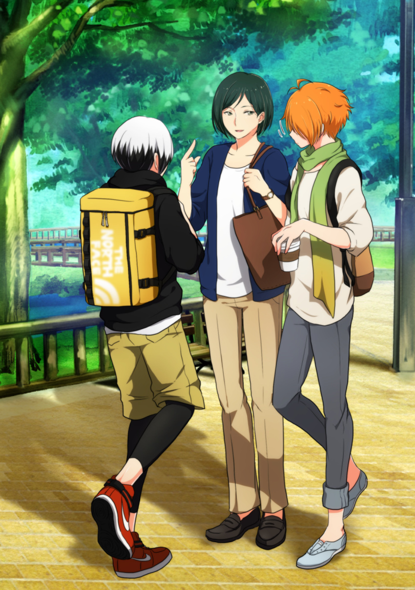 3boys ahoge bag black_hair black_legwear bob_cut casual from_behind grey_eyes highres idolmaster idolmaster_side-m kitamura_sora kiyosumi_kurou leggings male_focus multicolored_hair multiple_boys niki_(nikism1987) orange_hair scarf shorts shoulder_bag smile tsukumo_kazuki two-tone_hair white_hair