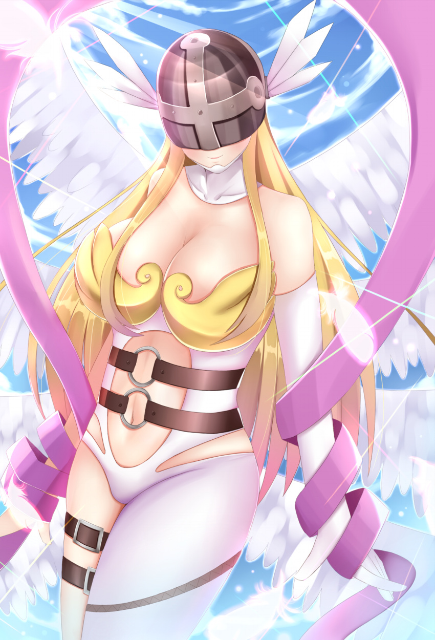 1girl angel_wings angewomon asymmetrical_clothes bare_shoulders belt blonde_hair blue_sky blush breastplate breasts cleavage clouds collarbone digimon digimon_adventure digimon_adventure_tri. elbow_gloves feathered_wings feathers gloves head_wings helmet highres large_breasts long_hair looking_at_viewer multiple_wings navel otono_fei ribbon single_elbow_glove single_glove sky smile solo sparkle thigh_strap white_gloves white_wings wings