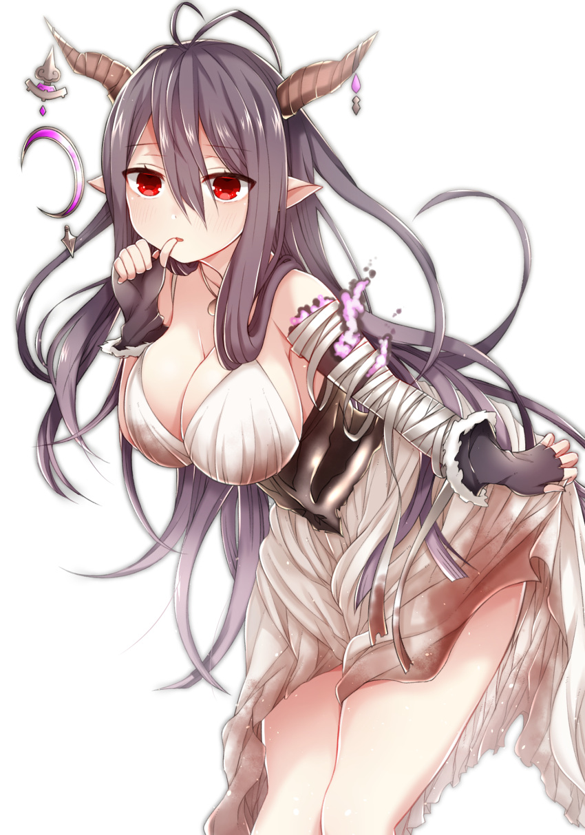 1girl :o akiran'nu antenna_hair bandaged_arm bandages bangs black_gloves black_hair blush breasts cowboy_shot crescent danua dress eyebrows eyebrows_visible_through_hair fingerless_gloves fur_trim gloves granblue_fantasy hair_between_eyes highres horn_ornament horns jewelry large_breasts leaning_forward long_hair looking_at_viewer necklace pointy_ears red_eyes simple_background solo very_long_hair white_background white_dress