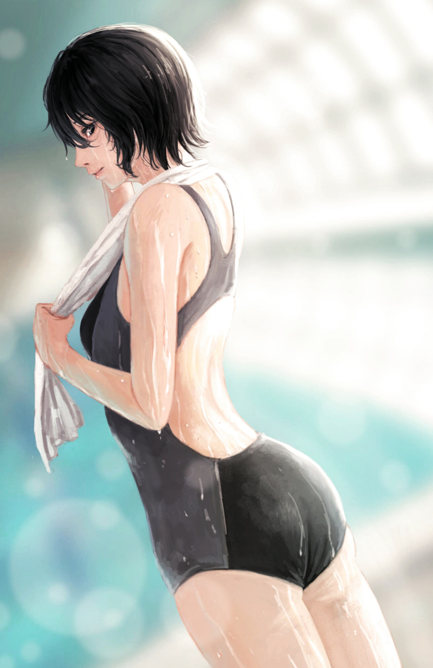 1girl amagami ass back back_cutout bangs black_eyes black_hair blurry_background bob_cut breasts closed_mouth competition_swimsuit cowboy_shot dripping dutch_angle from_behind from_side hair_between_eyes highres holding indoors lens_flare looking_at_viewer looking_back namako_mikan nanasaki_ai one-piece_swimsuit pool profile short_hair smile solo swimsuit towel towel_around_neck water wet wet_hair