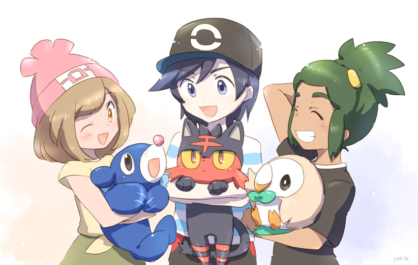 1girl 2boys bangs black_hair blonde_hair blue_eyes blush carrying female_protagonist_(pokemon_sm) gen_7_pokemon green_hair grin half_updo hat hau_(pokemon) litten_(pokemon) male_protagonist_(pokemon_sm) multiple_boys one_eye_closed pokemon pokemon_(creature) pokemon_(game) pokemon_sm popplio rival_(pokemon_sm) rowlet shirt short_hair smile striped striped_shirt swept_bangs tan white_background yuki56