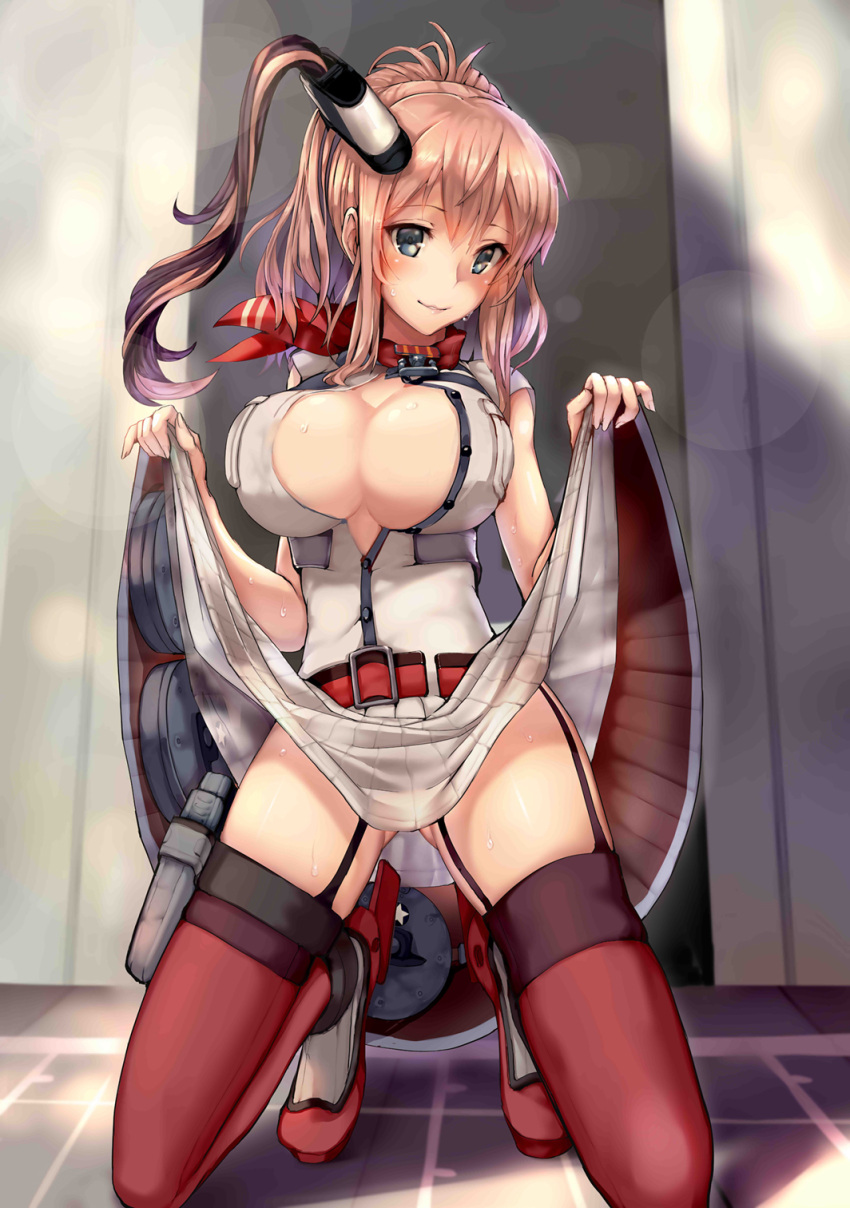 1girl anchor armadillo-tokage bangs bare_arms belt_buckle blue_eyes blush breasts brown_hair buckle buttons cleavage dress dress_lift drum_magazine fingernails floor funnel garter_straps gluteal_fold high_heels highres holster kantai_collection kneeling large_breasts lens_flare long_hair looking_at_viewer magazine_(weapon) neckerchief nervous on_floor one_side_up parted_lips partially_unbuttoned pleated_dress ponytail red_belt red_legwear red_neckerchief remodel_(kantai_collection) rudder_shoes saratoga_(kantai_collection) scarf shadow sharp_fingernails short_sleeves side_ponytail skirt skirt_lift smile solo star star_print striped striped_dress sweat thigh-highs thigh_holster white_dress