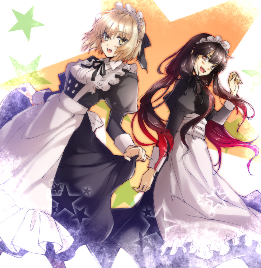 2girls ahoge alternate_costume black_hair blonde_hair demon_archer enmaided fate/grand_order fate_(series) long_hair maid maid_headdress mia_(gute-nacht-07) multiple_girls red_eyes sakura_saber short_hair sketch smile