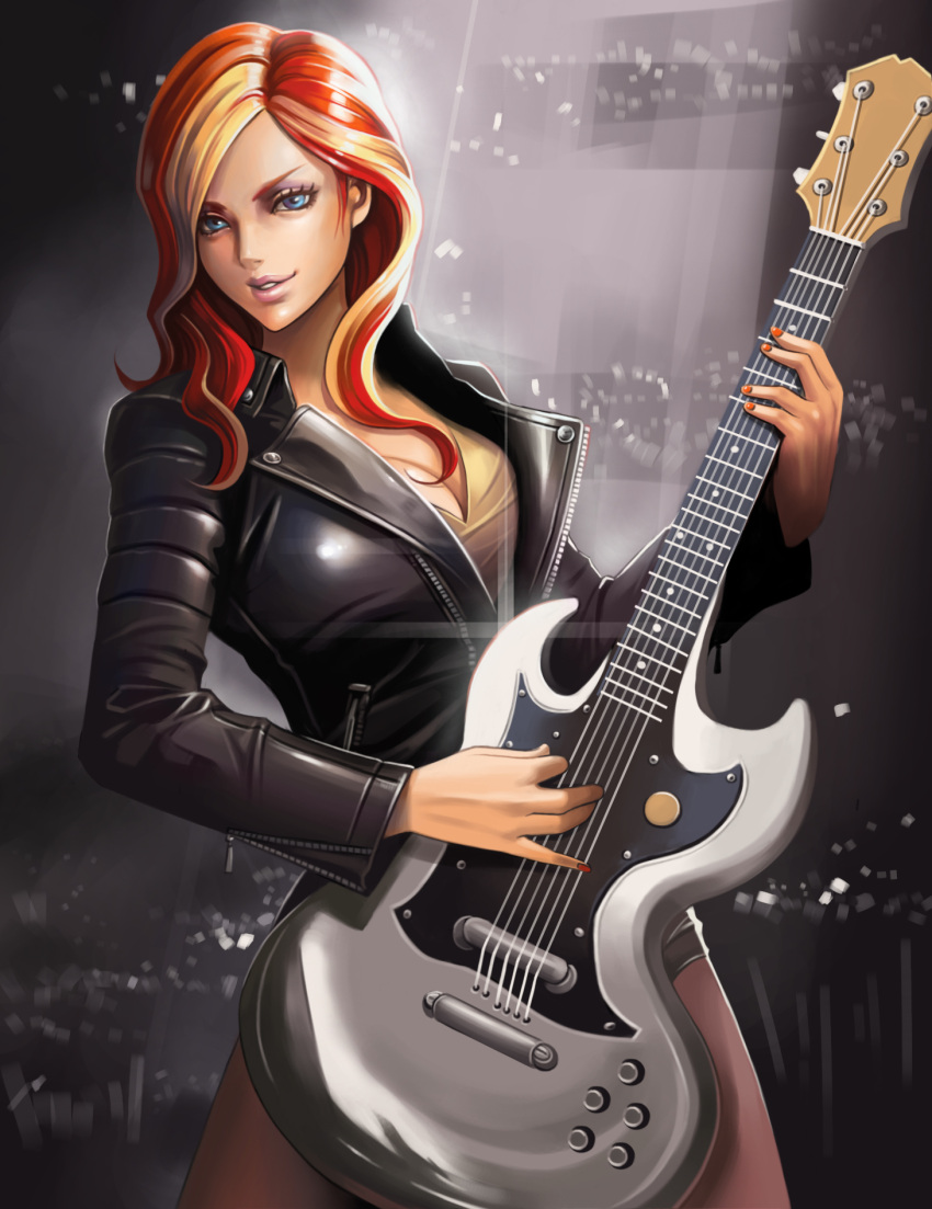 1girl :d black_jacket blonde_hair blue_eyes breasts brown_shirt cleavage collarbone contrapposto cowboy_shot dantewontdie guitar highres holding instrument jacket large_breasts leather leather_jacket light_rays light_smile lips long_hair multicolored_hair my_little_pony my_little_pony_equestria_girls my_little_pony_friendship_is_magic nail_polish open_mouth orange_hair pantyhose parted_lips playing_instrument purple_legwear red_nails shirt smile solo stage_lights standing streaked_hair sunset_shimmer unzipped