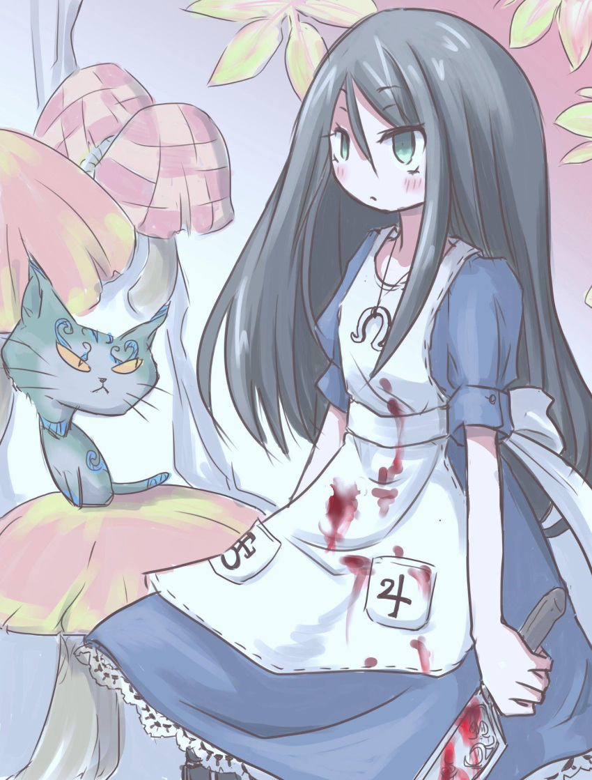 1girl alice_(wonderland) alice_in_wonderland alternate_hair_color apron black_hair blank_stare blood bloody_knife blush cat cheshire_cat dress expressionless flower green_eyes highres holding_knife knife long_hair mushroom number qt_project solo