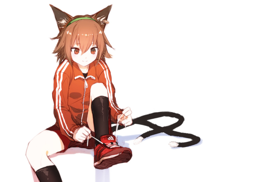 1girl adidas alternate_costume animal_ears black_legwear brown_eyes brown_hair cat_ears cat_tail chen chromatic_aberration hairband jacket jewelry kinketsu multiple_tails pants red_pants red_shoes shoes short_hair shorts simple_background single_earring sitting smile sneakers socks solo tail touhou track_jacket two_tails tying_shoes white_background