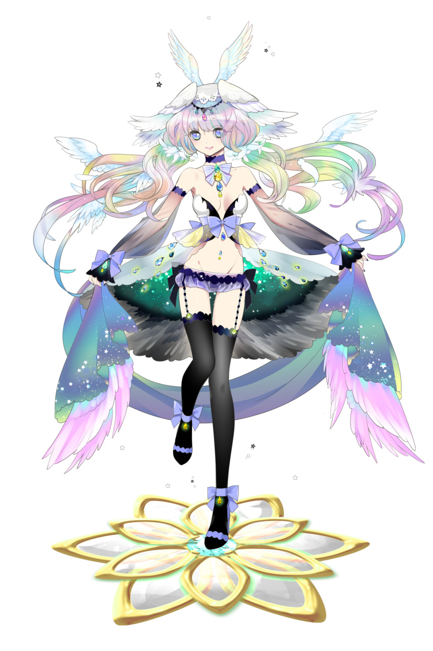 1girl angel angel_wings black_legwear blue_bow blue_eyes blue_skirt bow choker detached_sleeves feathers full_body gem head_wings highres long_hair looking_at_viewer miniskirt original pocketland rainbow_hair revealing_clothes sash see-through skirt smile solo standing_on_one_leg thigh-highs thigh_strap twintails white_background wings yamimomo