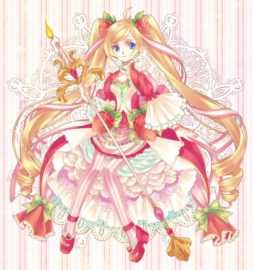 1girl ahoge blonde_hair blue_eyes bow bracelet candle colored_eyelashes food food_themed_clothes food_themed_hair_ornament food_themed_ornament frills fruit full_body hair_ornament highres jewelry kirisita long_hair original pantyhose personification pink_skirt rainbow_order red_shoes shoes skirt smile solo staff strawberry strawberry_hair_ornament strawberry_shortcake striped striped_bow striped_legwear twintails