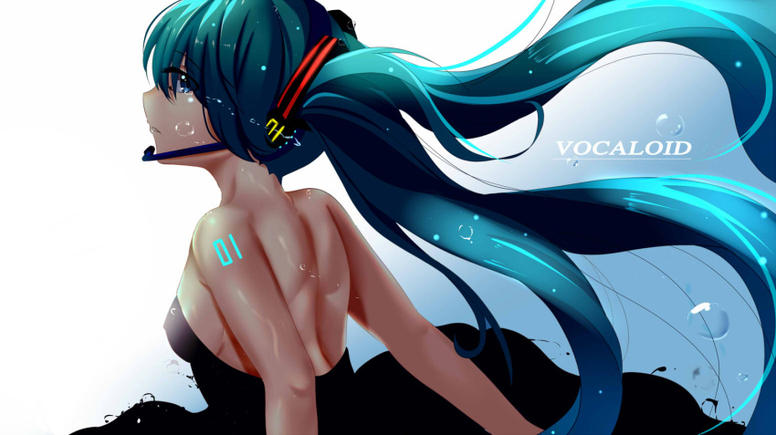 1girl aqua_hair black_dress blue_background blue_eyes breasts bubble copyright_name dress from_behind from_side gradient gradient_background hatsune_miku headphones headset long_hair looking_back looking_to_the_side paperfinger profile shoulder_blades sideboob sketch solo strapless strapless_dress tattoo twintails vocaloid white_background