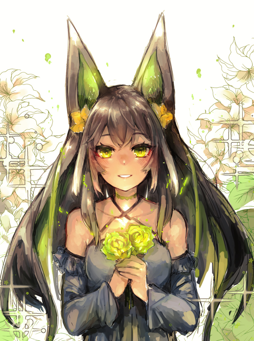 1girl animal_ears bare_shoulders black_hair blush bow choker dark_skin detached_sleeves floral_background flower green_eyes green_hair hair_bow highres holding holding_flower long_hair looking_at_viewer multicolored_hair original shiratan smile solo sparkle