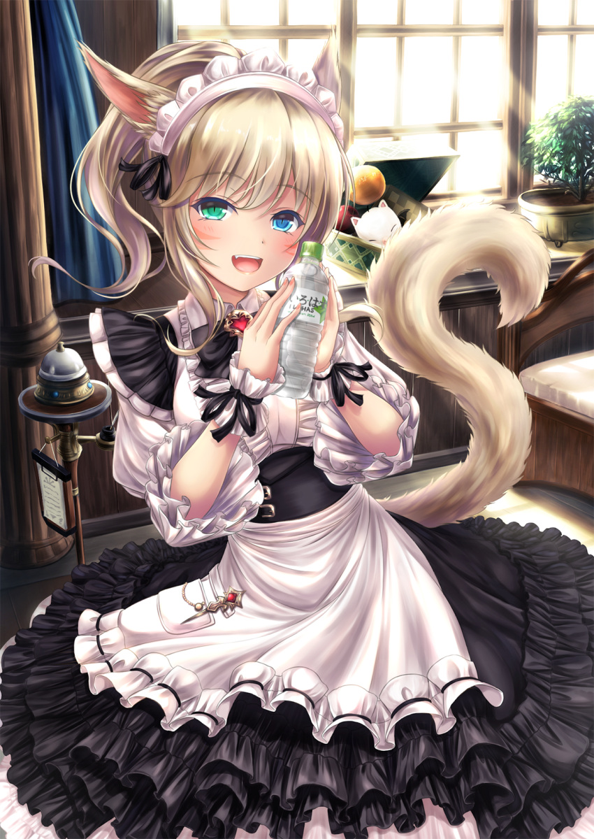 1girl :d animal_ears apron bangs black_bow black_bowtie black_dress black_ribbon blonde_hair blue_eyes board bottle bottomless bow bowtie brooch buckle cat_ears cat_tail center_frills checkered chessboard curtains dress drink eyebrows eyebrows_visible_through_hair facial_mark fang final_fantasy final_fantasy_xiv frilled_sleeves frills green_eyes hair_ribbon heterochromia highres holding holding_bottle indoors jewelry long_hair looking_at_viewer maid maid_headdress miqo'te moogle open_mouth paper pillar plant ponytail potted_plant production_art ribbon sleeves_past_elbows slit_pupils smile sphere sunlight tail tiphereth treasure_chest waist_apron water_bottle white_apron window wrist_cuffs