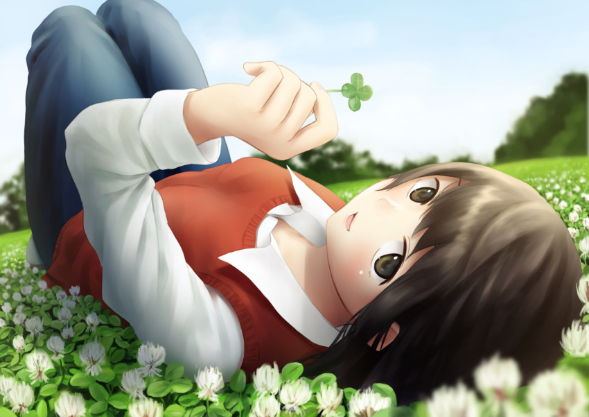1girl :d bangs blue_pants blurry brown_eyes brown_hair clover clover_(flower) collared_shirt depth_of_field flower four-leaf_clover from_above holding long_sleeves looking_at_viewer lying on_back on_ground open_mouth original outdoors pants papi_(papiron100) shirt sky smile solo sweater_vest white_flower white_shirt