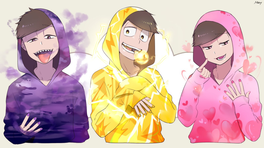 3boys alternate_costume alternate_eye_color artist_name bangs black_hair brothers electricity eyebrows eyebrows_visible_through_hair heart heart_in_mouth heart_print highres hood hoodie light_bulb long_sleeves looking_at_viewer male_focus matsuno_ichimatsu matsuno_juushimatsu matsuno_todomatsu mery_(apfl0515) mouth_hold multiple_boys nail_polish osomatsu-kun osomatsu-san pink_eyes pink_nails pinky_out purple_nails shade sharp_teeth siblings sleeves_past_wrists smoke spread_fingers teeth teeth_hold tongue tongue_out upper_body violet_eyes wallpaper yellow_eyes yellow_nails