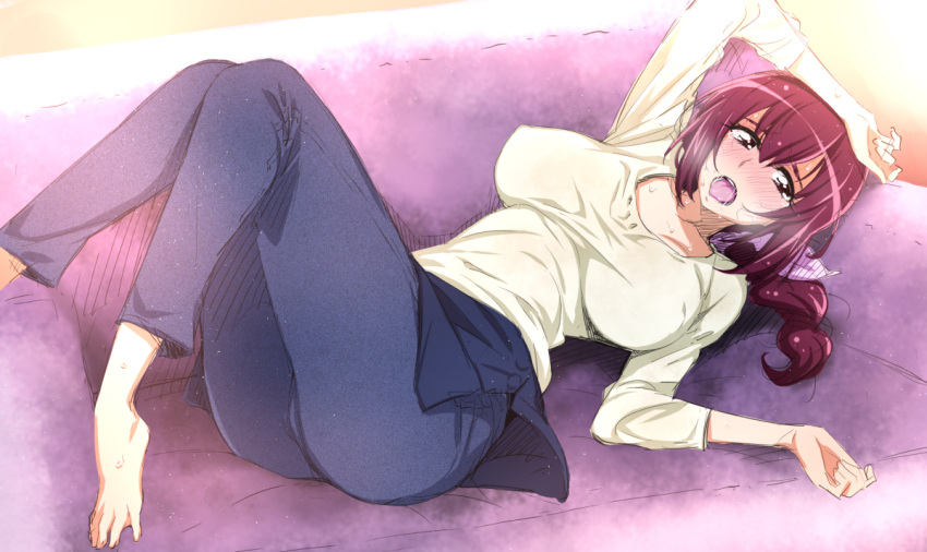 1girl barefoot blush breasts breasts_apart breath brown_eyes couch covered_nipples full-face_blush hand_on_own_head hoshizora_ikuyo large_breasts lying nakahira_guy on_back open_mouth pants pants_under_skirt precure red_eyes redhead saliva smile_precure! solo sweat tongue tongue_out