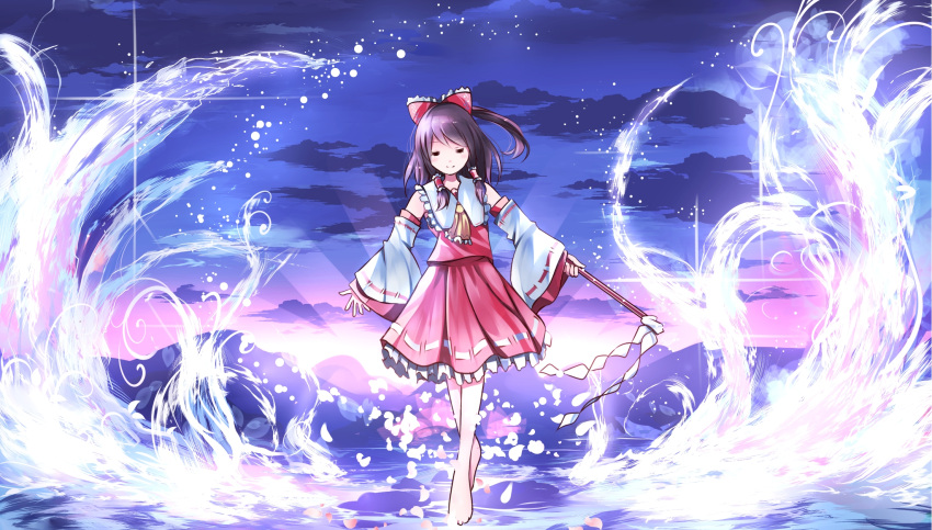 1girl ascot backlighting bare_shoulders barefoot bow brown_hair closed_mouth collar frilled_collar frills full_body gohei hair_bow hair_tubes hakurei_reimu highres holding light_rays long_sleeves ponytail red_bow red_ribbon red_vest ribbon ribbon-trimmed_sleeves ribbon_trim risutaru sidelocks smile solo splashing spread_fingers sunlight sunrise touhou vest walking walking_on_liquid water water_drop wide_sleeves