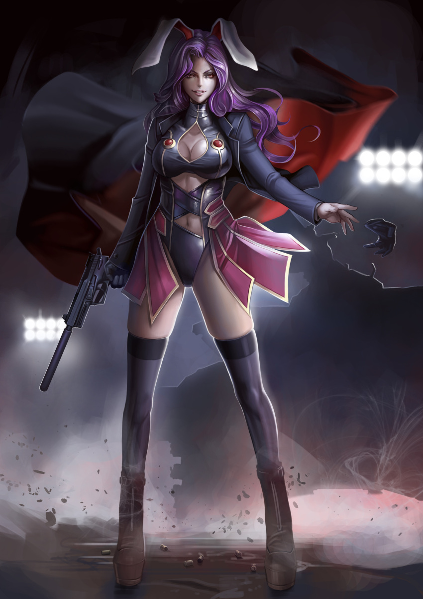 1girl absurdres ammunition animal_ears backlighting black_jacket black_legwear boots breasts brown_boots cape cartridge_case cleavage cleavage_cutout clenched_teeth dantewontdie floodlights full_body gem glove_removed grin gun h&amp;k_usp handgun heckler_&amp;_koch highres hips holding holding_gun holding_weapon jacket knee_boots large_breasts legs_apart leotard light lights long_hair long_sleeves looking_to_the_side miniskirt navel navel_cutout open_clothes open_jacket parted_lips pink_eyes pink_skirt pistol platform_footwear pleated_skirt purple_hair rabbit_ears reisen_udongein_inaba ruby_(stone) shell_casing showgirl_skirt single_glove skin_tight skindentation skirt smile solo standing suppressor taut_clothes teeth thigh-highs touhou trigger_discipline turtleneck wavy_hair weapon wind wind_lift