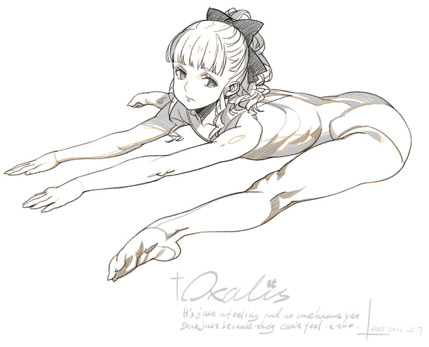 1girl alphonse_(white_datura) ass leaning_forward leotard long_hair monochrome original outstretched_arms ponytail ribbon sitting sketch solo spread_legs stretch white_background