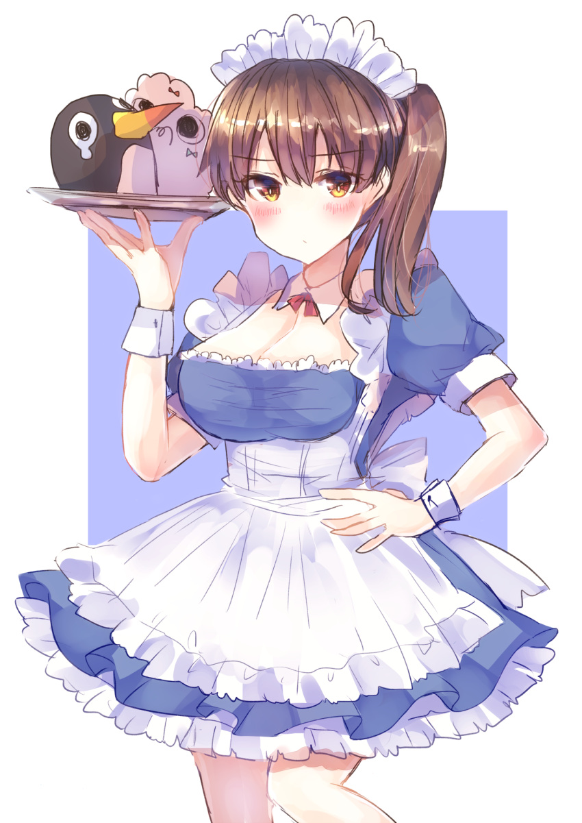 1girl alternate_costume animal bare_legs bird blue_dress blush breasts brown_eyes brown_hair cleavage detached_collar dress enmaided eyebrows eyebrows_visible_through_hair frilled_dress frills highres kaga_(kantai_collection) kantai_collection large_breasts looking_at_viewer maid mochiko_(mocchikkoo) penguin ponytail puffy_short_sleeves puffy_sleeves short_hair short_sleeves side_ponytail solo standing tray white_apron wrist_cuffs