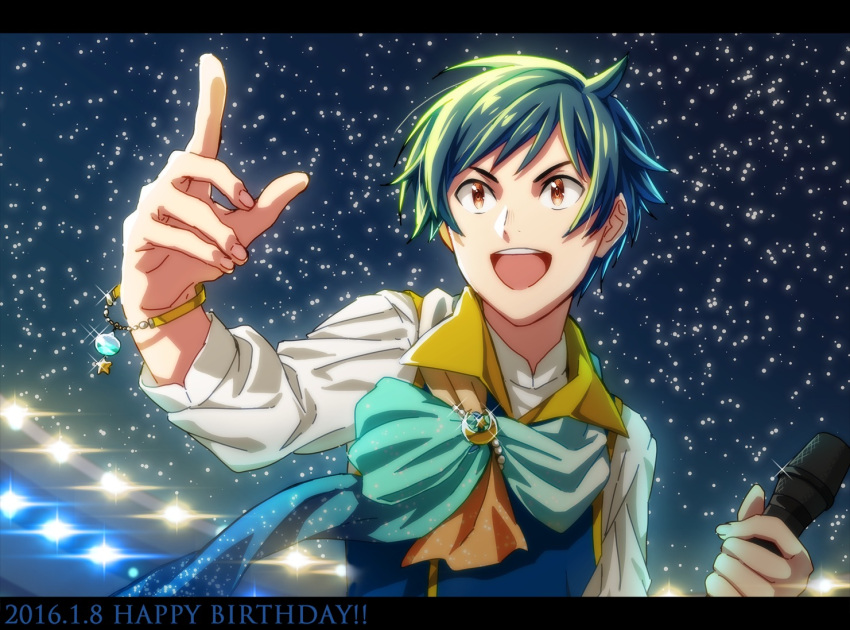 1boy blue_hair bracelet brown_eyes close-up happy_birthday idolmaster idolmaster_side-m igari_leo ikuwataru_nagomi jewelry letterboxed looking_up male_focus microphone moon_(ornament) night night_sky open_mouth pointing scarf sky smile solo sparkle stage_lights star_(sky) starry_sky upper_body