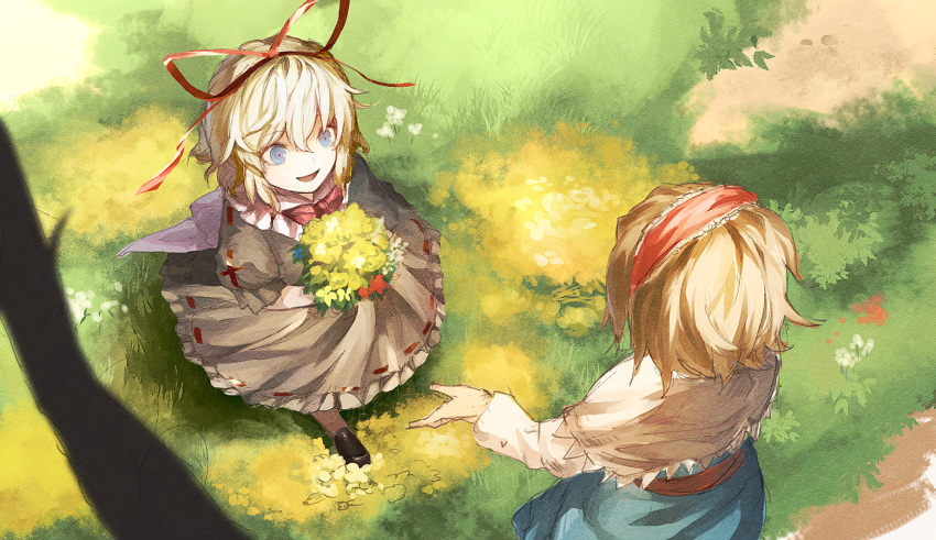 2girls alice_margatroid black_dress black_shoes blonde_hair blue_eyes blue_skirt bouquet capelet dress flower from_above grass hair_ribbon hairband highres kinketsu long_sleeves looking_at_another medicine_melancholy multiple_girls open_mouth outdoors puffy_short_sleeves puffy_sleeves red_ribbon ribbon sash shoes short_hair short_sleeves skirt touhou