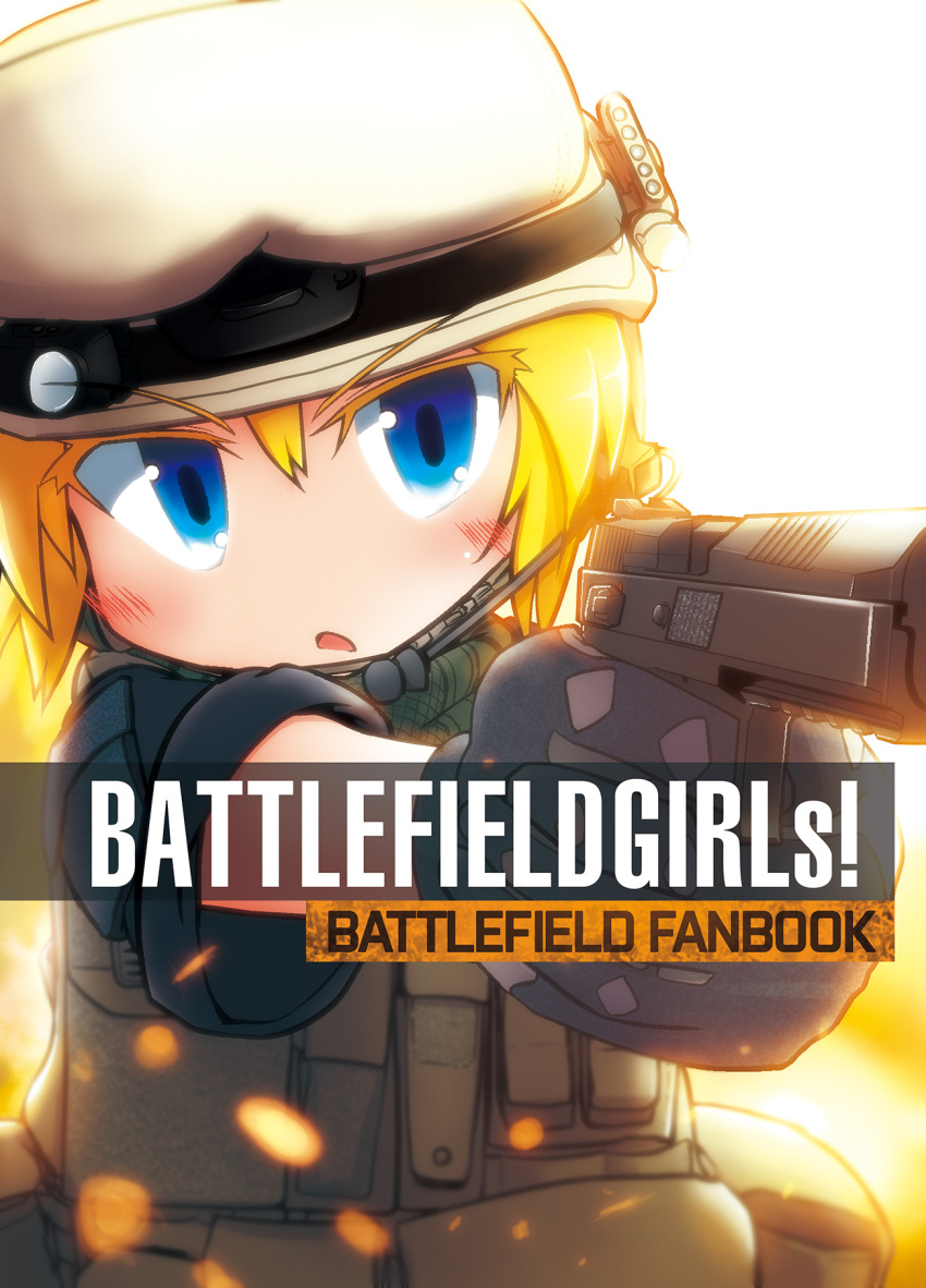 1girl aiming battlefield_(series) battlefield_4 battlefield_hardline blonde_hair blue_eyes english epiphone_(flet06) fanbook gloves goggles_on_helmet gun handgun headset helmet highres open_mouth pistol title weapon weapon_request