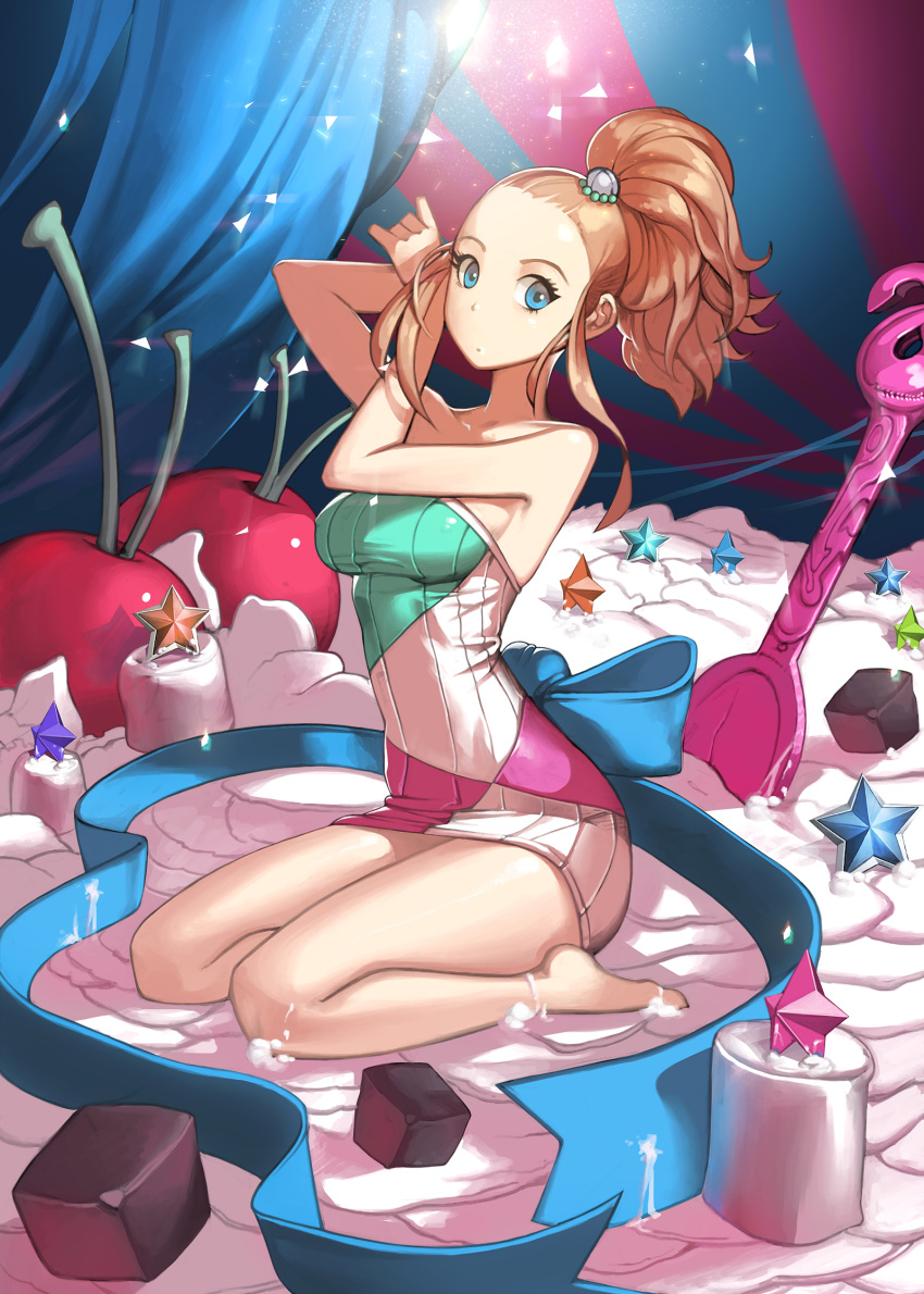 1girl barefoot blue_eyes bow brown_hair candy cherry dress food fruit hair_ornament highres hinew_kim icing looking_at_viewer minigirl original seiza short_dress sidelocks sitting solo spoon strapless strapless_dress topknot
