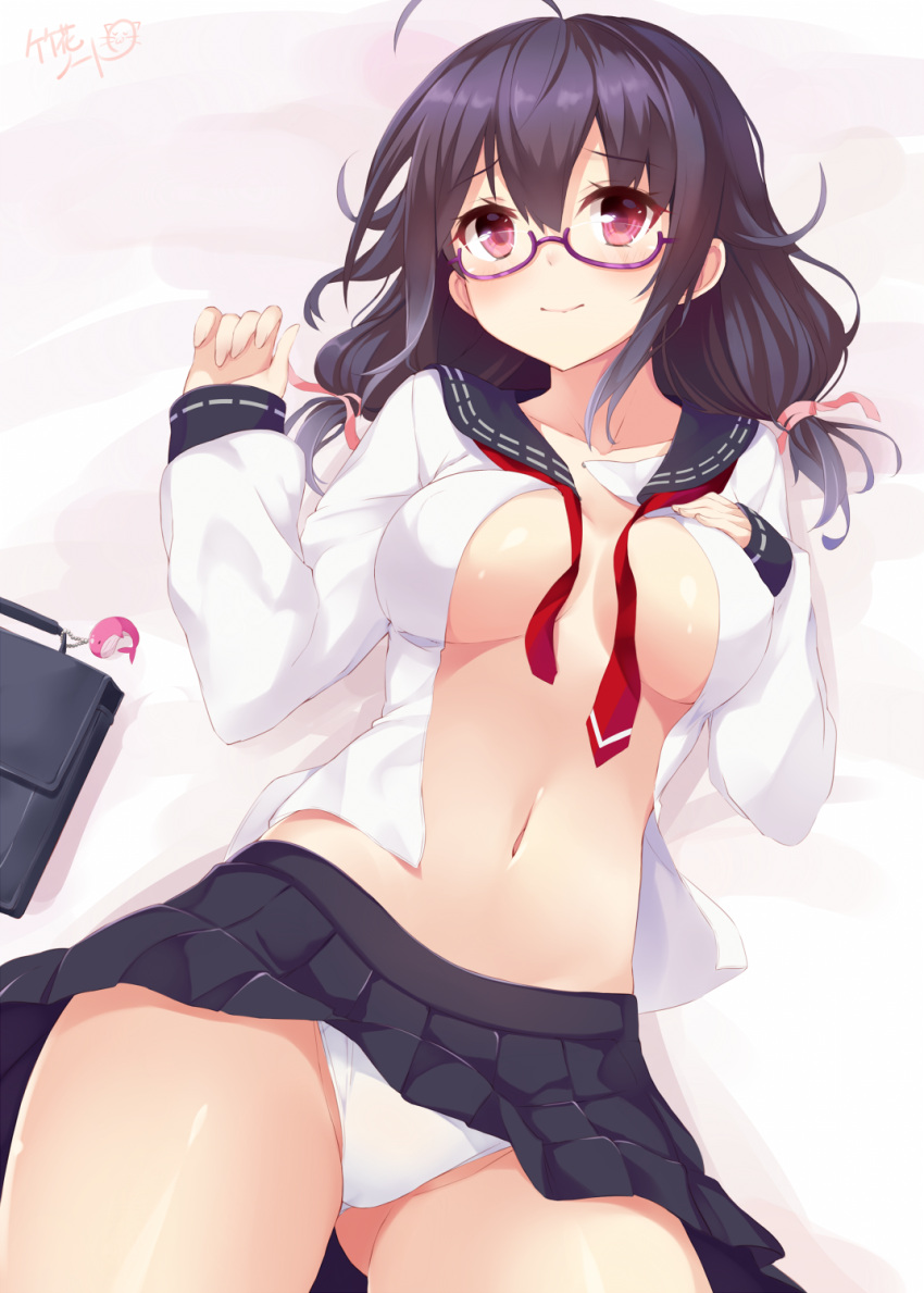 1girl ahoge bag_charm bespectacled breasts cleavage glasses hair_flaps hair_ornament highres kantai_collection long_hair low_twintails magatama note_(aoiro_clip) panties pantyshot purple_hair red_eyes school_briefcase solo taigei_(kantai_collection) twintails underwear whale whale_hair_ornament