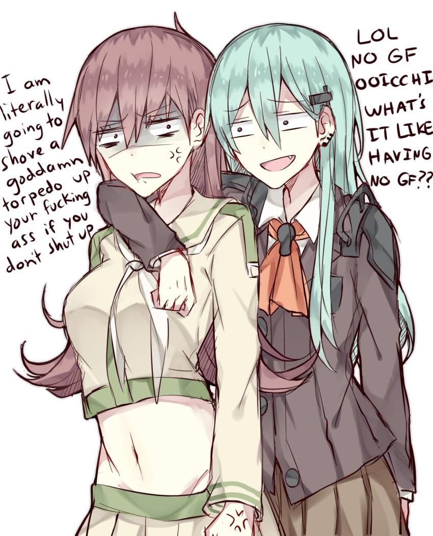 2girls anger_vein arm_around_neck brown_hair clenched_hand earrings english fang green_hair highres jewelry kantai_collection kvlen long_hair midriff multiple_girls navel ooi_(kantai_collection) open_mouth profanity shaded_face skirt smirk suzuya_(kantai_collection) troll_face truth
