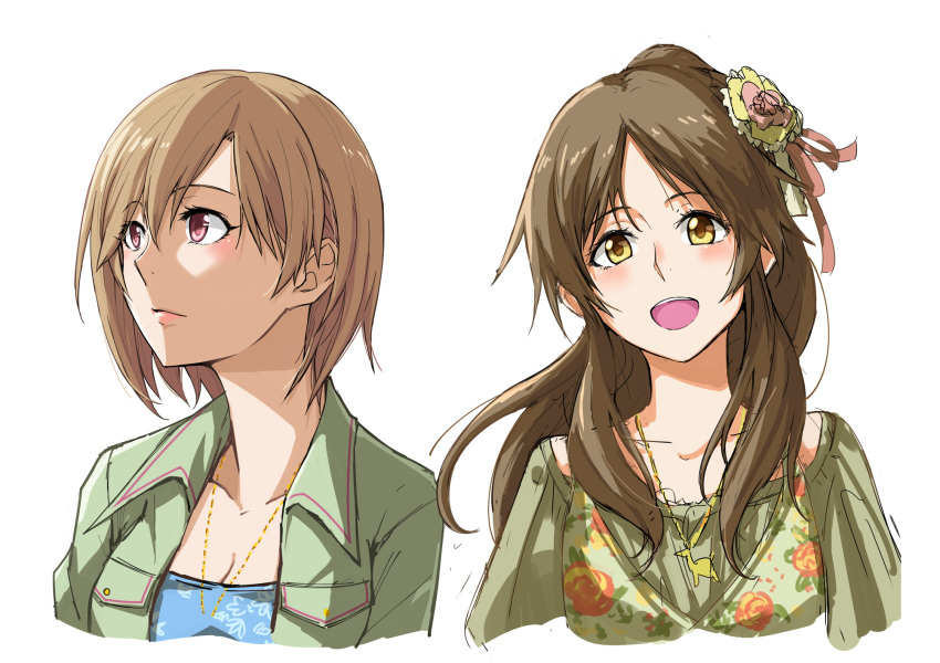 2girls :d aiba_yumi blonde_hair brown_eyes brown_hair hair_bun highres idolmaster idolmaster_cinderella_girls kaoru348 long_hair multiple_girls open_mouth short_hair sketch smile takamori_aiko