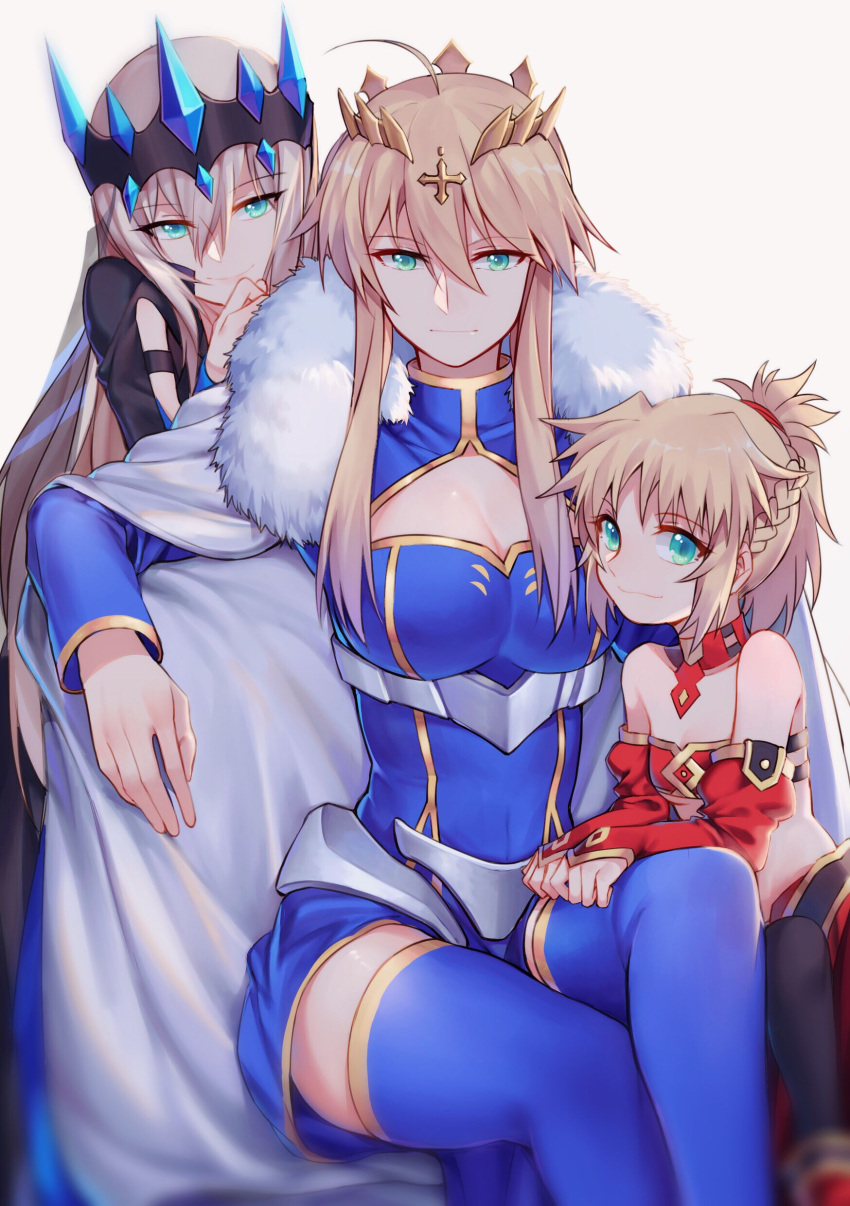 3girls absurdres ahoge aqua_eyes artoria_pendragon_(all) artoria_pendragon_(lancer) bandeau bangs bare_shoulders black_legwear blonde_hair blue_dress blue_legwear braid breasts cleavage cleavage_cutout cloak closed_mouth collarbone commentary_request cross crown detached_collar detached_sleeves dress eyebrows_visible_through_hair family fate/grand_order fate_(series) french_braid fur-trimmed_cloak fur_trim gem hair_between_eyes hair_ornament hair_scrunchie hand_up highres large_breasts light_smile long_hair long_sleeves looking_at_viewer mordred_(fate) mordred_(fate)_(all) morgan_le_fay_(fate) multiple_girls pelvic_curtain ponytail red_scrunchie scrunchie shiny shiny_hair short_hair short_hair_with_long_locks short_ponytail siblings sidelocks simple_background sisters sitting small_breasts smile thigh-highs white_background yorukun younger