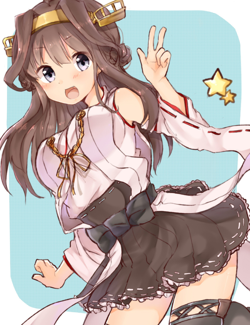 1girl :d ahoge bare_shoulders boots brown_hair cowboy_shot detached_sleeves double_bun fangs hairband headgear highres kantai_collection kongou_(kantai_collection) lace lace-trimmed_thighhighs long_hair looking_at_viewer maria_(maria0304) nontraditional_miko open_mouth pleated_skirt ribbon-trimmed_sleeves ribbon_trim skirt smile solo thigh-highs thigh_boots v violet_eyes