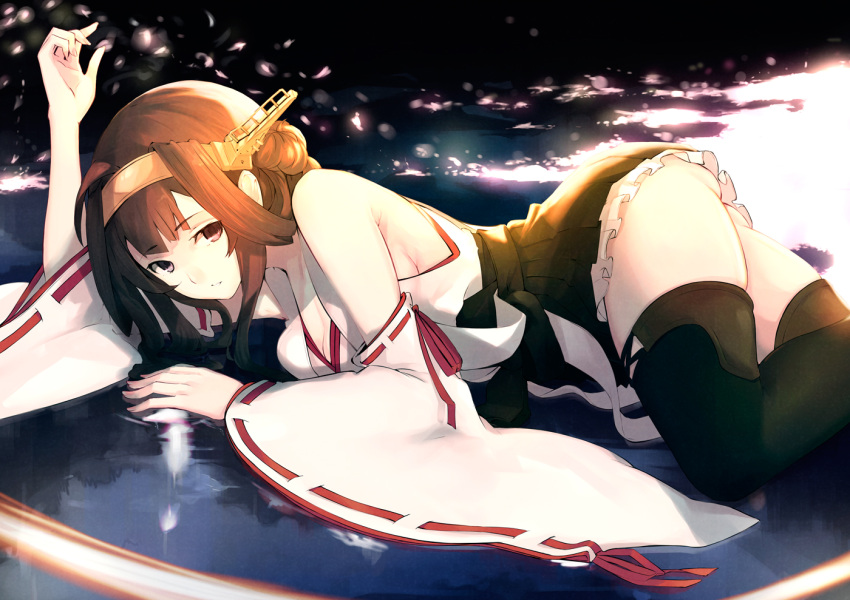 1girl ahoge ass bare_shoulders boots brown_eyes brown_hair detached_sleeves double_bun hairband headgear japanese_clothes kantai_collection kongou_(kantai_collection) long_hair looking_at_viewer lying mille_(dieci) nontraditional_miko on_floor parted_lips ribbon-trimmed_sleeves ribbon_trim skirt solo thigh-highs thigh_boots