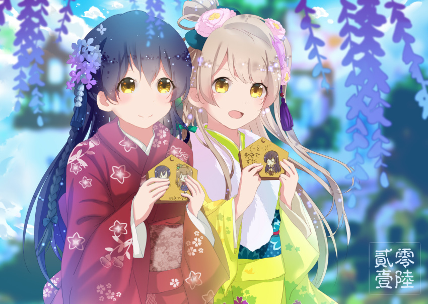 2girls bangs blue_hair blush braid commentary_request floral_print flower grey_hair hair_between_eyes hair_flower hair_ornament highres holding japanese_clothes kimono long_hair long_sleeves love_live! love_live!_school_idol_festival love_live!_school_idol_project minami_kotori multiple_girls new_year one_side_up open_mouth red_kimono smile sonoda_umi tsuki_yue-shushushu wide_sleeves yellow_eyes yellow_kimono