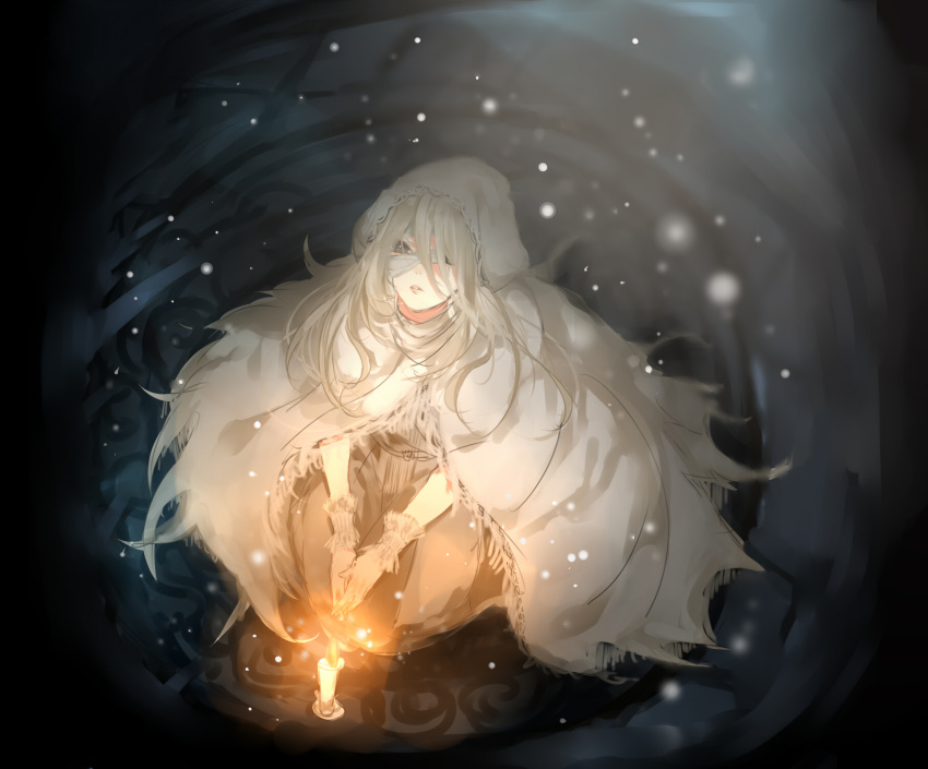 1girl bandage_over_one_eye bandages bloodborne candle cloak dress fire flame from_above full_body gloves hands_together highres hnncho hood hooded_cloak long_hair looking_up parted_lips sitting snowing solo v_arms vicar_amelia white_gloves white_hair