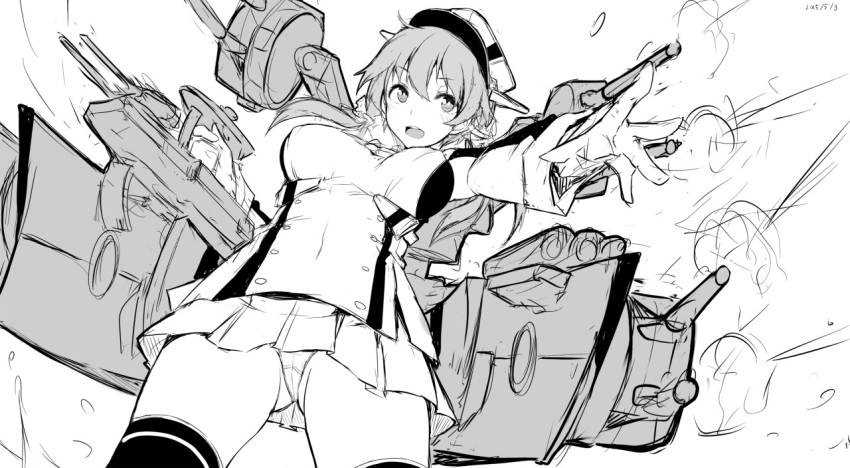 &gt;:d 1girl :d cannon covered_navel firing hat kantai_collection low_twintails machinery monochrome nanahara_fuyuki open_mouth outstretched_hand panties pantyshot peaked_cap pleated_skirt prinz_eugen_(kantai_collection) sketch skirt smile solo twintails underwear
