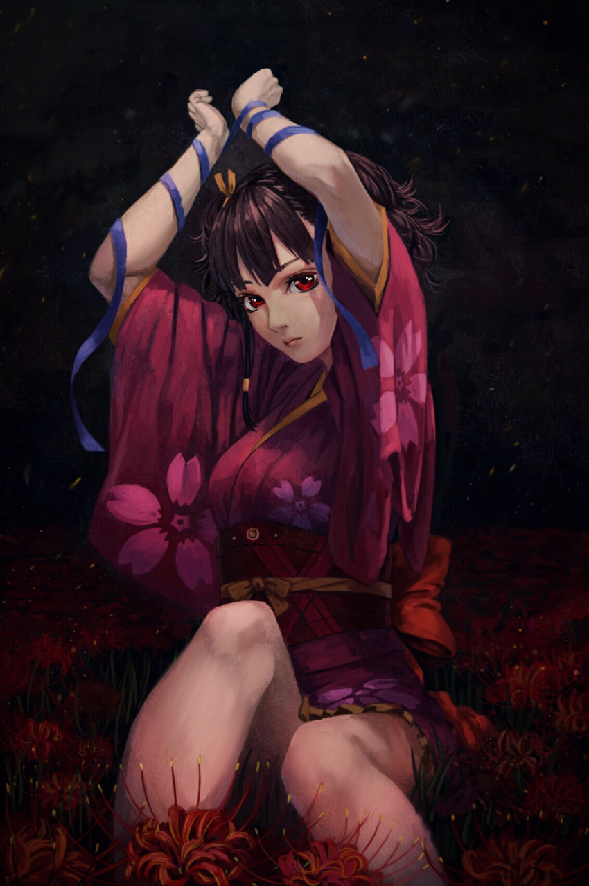 1girl arm_ribbon arms_up bangs black_hair blue_ribbon bound bound_wrists breasts brown_hair cherry_blossoms closed_mouth dark floral_print flower frills hair_ribbon highres japanese_clothes kimono koutetsujou_no_kabaneri long_sleeves looking_at_viewer mumei_(kabaneri) namako_mikan obi red_eyes red_flower ribbon sash short_kimono sidelocks sitting solo spider_lily twintails wavy_hair wide_sleeves