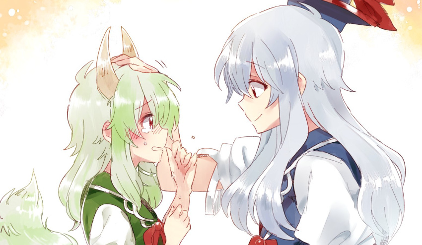 2girls blue_hair crying crying_with_eyes_open dual_persona ex-keine facing_another from_side green_hair hand_on_another's_head hand_on_own_head hat horns kamishirasawa_keine long_hair multiple_girls orange_background petting puffy_short_sleeves puffy_sleeves red_eyes short_sleeves sidelocks six_(fnrptal1010) smile tail tears touhou white_background younger