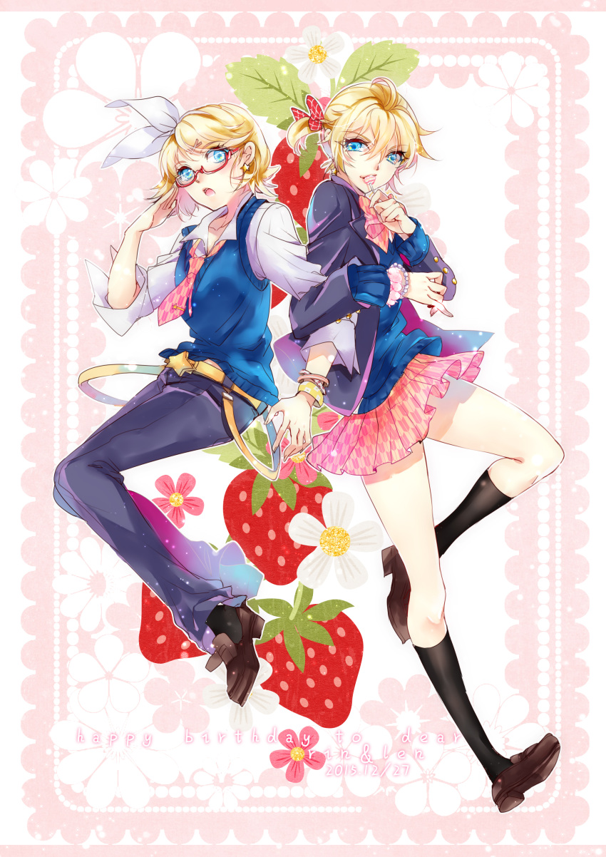 1boy 1girl 2015 :o absurdres adjusting_glasses alternate_costume bangs bead_bracelet belt black_legwear black_pants blazer blonde_hair blue_eyes border bow bowtie bracelet brown_shoes candy character_name cosplay costume_switch crossdressinging dated earrings english eyebrows eyebrows_visible_through_hair eyelashes floral_background food food_in_mouth fruit full_body glasses hair_between_eyes hair_ornament hair_ribbon hairclip happy_birthday highres holding holding_food jacket jewelry kagamine_len kagamine_rin kneehighs leaf locked_arms lollipop long_sleeves looking_at_another looking_at_viewer looking_to_the_side miniskirt necktie pants pink_necktie pleated_skirt red-framed_glasses red_bow ribbon school_uniform semi-rimless_glasses shirt shoes short_hair shorts sketch skirt star star_earrings strawberry sweater_vest swept_bangs tie_clip tsuna2727 under-rim_glasses vocaloid white_bow white_shirt yagasuri