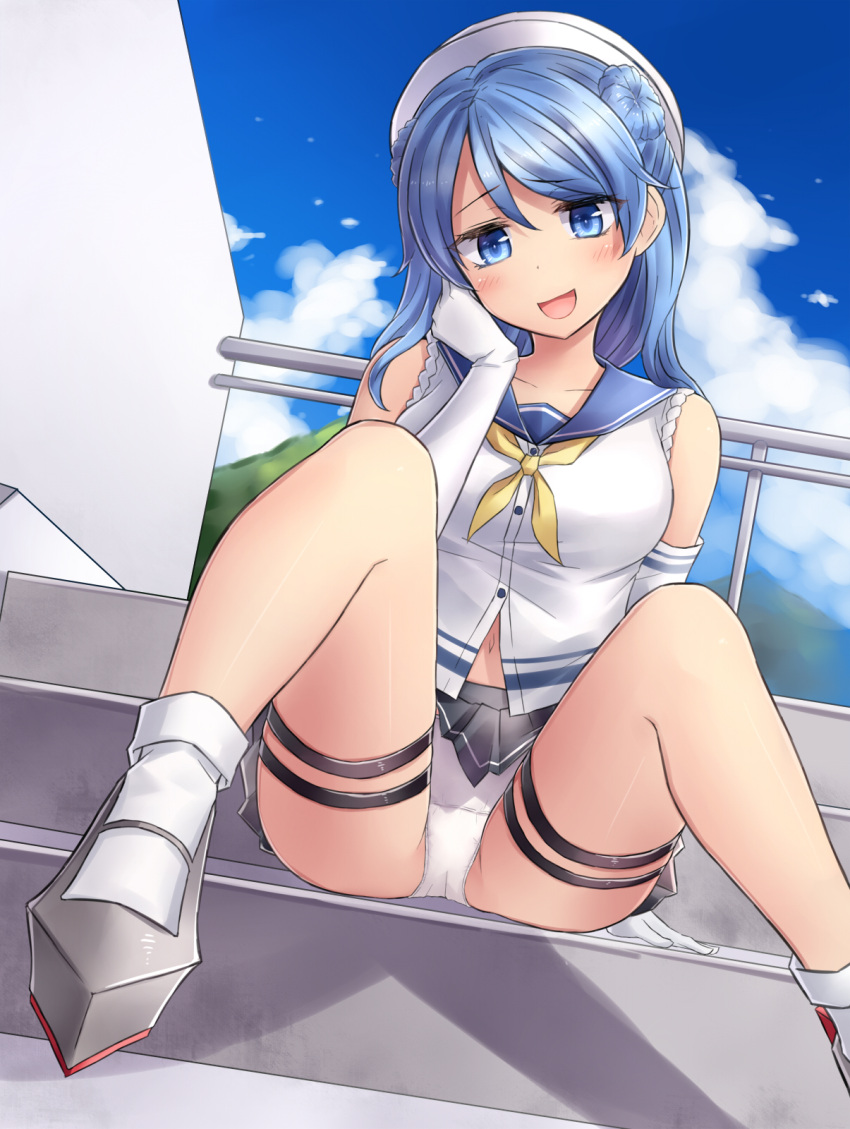 1girl :d arm_support bangs blue_eyes blue_hair blue_sky blush breasts buttons clouds collarbone crotch_seam double_bun dutch_angle eyebrows eyebrows_visible_through_hair gloves hair_between_eyes hat head_tilt highres kantai_collection long_hair looking_at_viewer miniskirt navel neit_ni_sei open_mouth panties pantyshot pantyshot_(sitting) pleated_skirt railing school_uniform serafuku shoes sitting sitting_on_stairs skirt sky smile solo stairs thigh_strap underwear upskirt urakaze_(kantai_collection) white_gloves white_hat white_panties