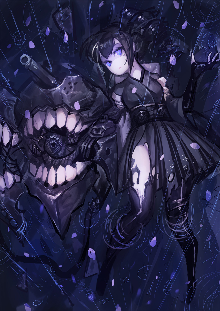 1girl ancient_destroyer_oni black_hair blue_eyes boots drill_hair from_above glowing glowing_eyes gods_(1073337800) highres japanese_clothes kantai_collection kimono long_hair mole mole_under_eye rain shinkaisei-kan side_ponytail solo thigh-highs thigh_boots water white_skin