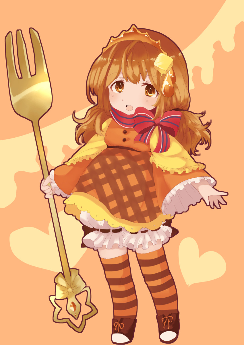 1girl bloomers bow brown_eyes brown_hair butter food_themed_hair_ornament fork frills full_body hair_ornament highres long_hair looking_at_viewer morinaga_&amp;_company orange_(color) orange_background orange_skirt original oversized_object pancake personification shoes skirt smile solo standing striped striped_bow striped_legwear thigh-highs tiara toyosu_toyosu twintails underwear