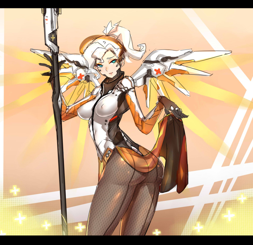 12cat 1girl ass blue_eyes bodysuit breasts covered_nipples highres long_hair mercy_(overwatch) overwatch red_cross skirt skirt_lift smile solo staff thighs white_hair wings