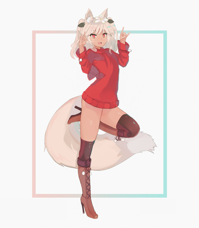 1girl :d \m/ animal_ears boots dark_skin ehrrr fox_ears fox_tail high_heels highres long_hair one_leg_raised open_mouth original pink_hair red_eyes smile solo sweater tail thigh-highs twintails