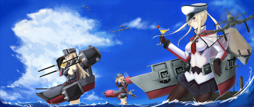 3girls airplane alcohol anchor_hair_ornament anchor_symbol beer beer_bottle beer_mug bismarck_(kantai_collection) blonde_hair blue_eyes bomber brown_gloves cocktail_glass cup detached_sleeves dock drinking_glass gloves graf_zeppelin_(kantai_collection) green_eyes grey_eyes hair_ornament highres kantai_collection lighthouse long_hair looking_at_viewer mag martini mecha_musume multiple_girls necktie ocean panties pantyhose pleated_skirt prinz_eugen_(kantai_collection) skirt sky thigh-highs twintails underwear white_gloves