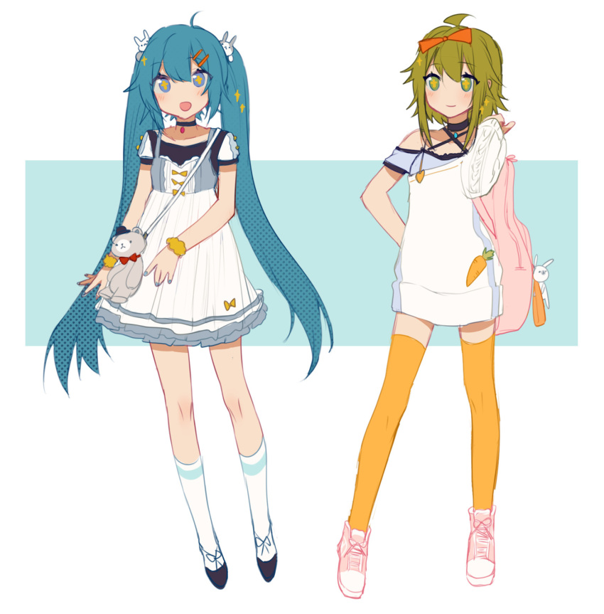 2girls :d alternate_costume arm_at_side backpack bag bangs blue_eyes blue_hair blue_nails bow bunny_hair_ornament carrot_print casual choker closed_mouth dress eyebrows eyebrows_visible_through_hair full_body green_eyes green_hair gumi hair_bow hair_ornament hatsune_miku highres jewelry legs_apart long_hair looking_at_another looking_at_viewer multiple_girls nail_polish off_shoulder open_mouth orange_bow orange_legwear prophet_chu scrunchie shoes short_dress short_hair short_sleeves shoulder_bag sketch smile sneakers stuffed_animal stuffed_bunny stuffed_toy symbol-shaped_pupils teddy_bear thigh-highs twintails very_long_hair vocaloid white_dress white_legwear wrist_scrunchie zettai_ryouiki