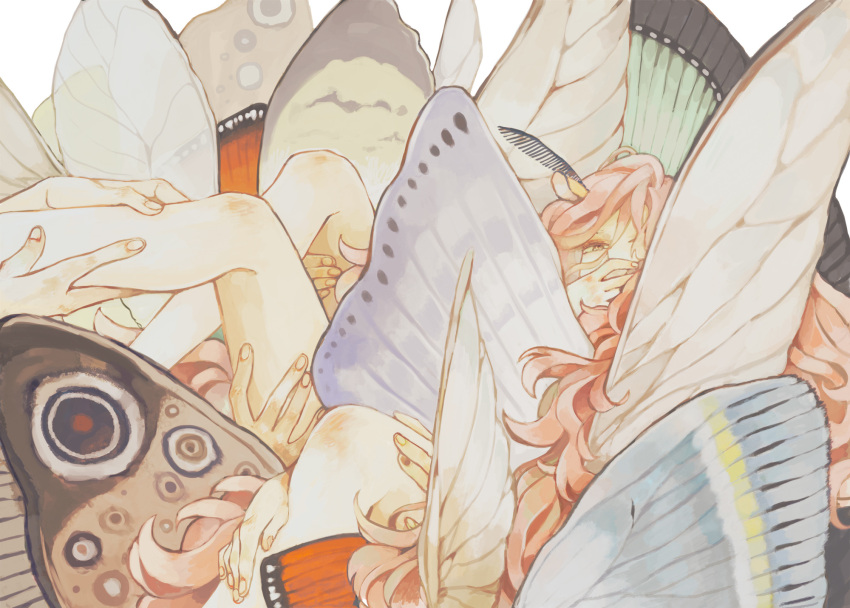 1girl antennae aono_(cmns) black_nails butterfly butterfly_wings covered_mouth hair_between_eyes hands highres leg_grab long_hair looking_at_viewer messy_hair monster_girl multiple_wings nail_polish one_eye_covered original out_of_frame pink_hair solo_focus wings